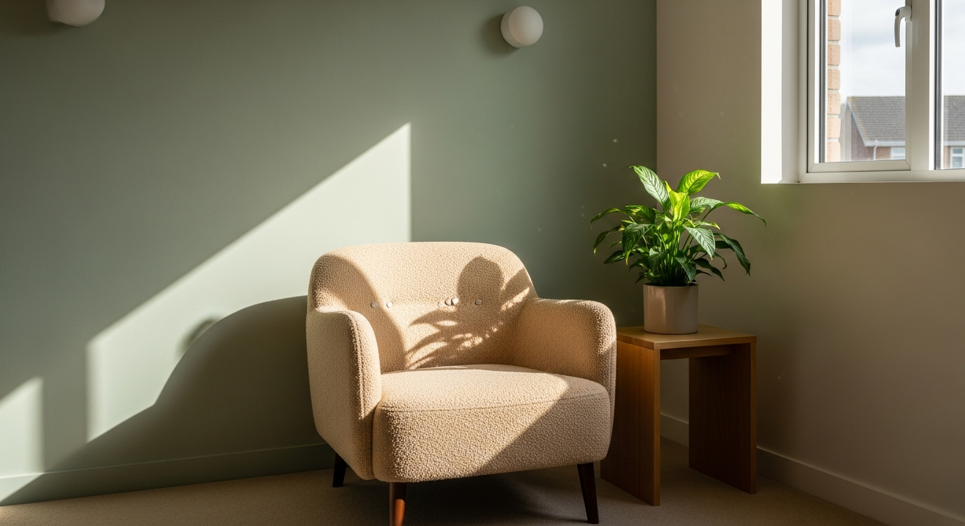 Heller Therapieraum mit Sessel und Pflanze – Praxis Lichtlinie
